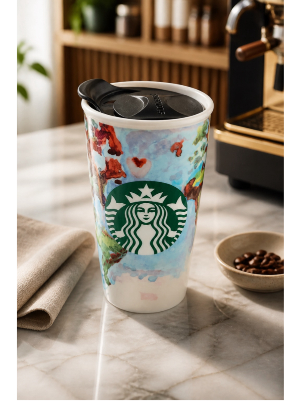 Starbucks 2015 Watercolor World Map Ceramic Travel Tumbler Mug 12oz Shelby Krege